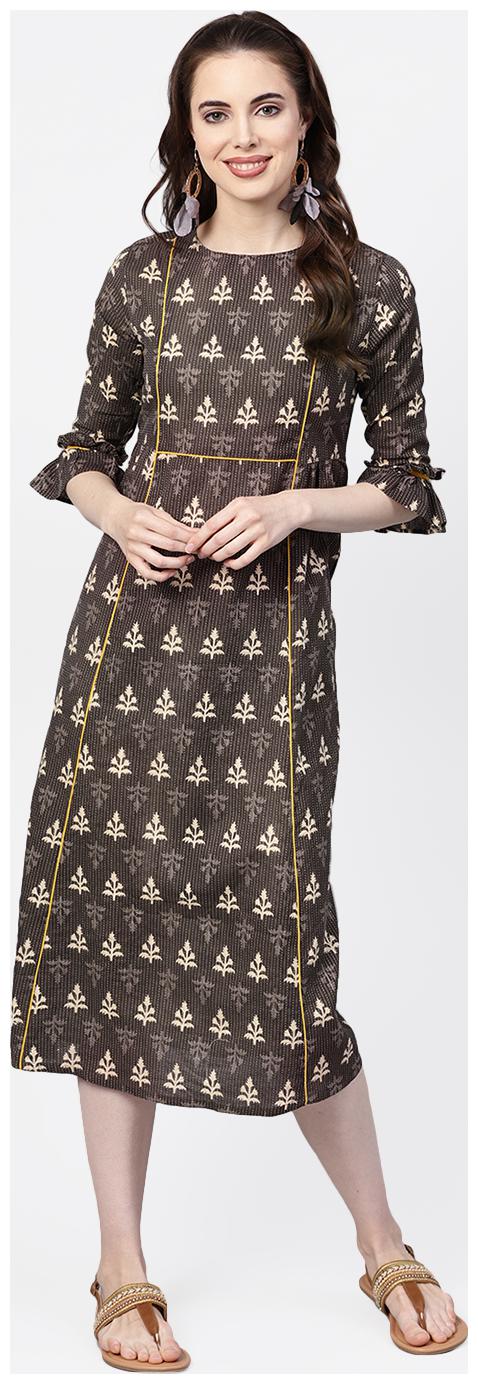 

Jaipur Kurti Brown Printed A-line dress