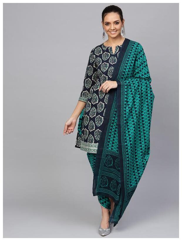 

Jaipur Kurti Women Cotton Ethnic Motifs Suit Set - Blue