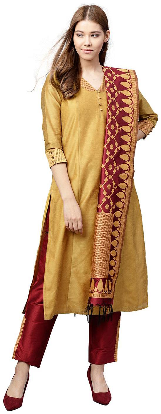 

Jaipur Kurti Women Yellow Solid Straight Kurta With Pants And Dupatta