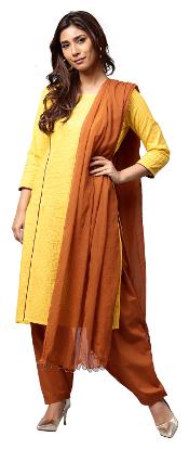 

Jaipur Kurti Women Yellow Solid Straight Cotton Kurta With Brown Patiala Dupatta