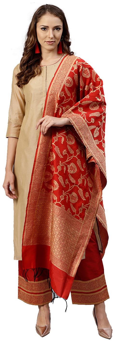 

Jaipur Kurti Women Beige Solid Straight Kurta With Pants And Dupatta