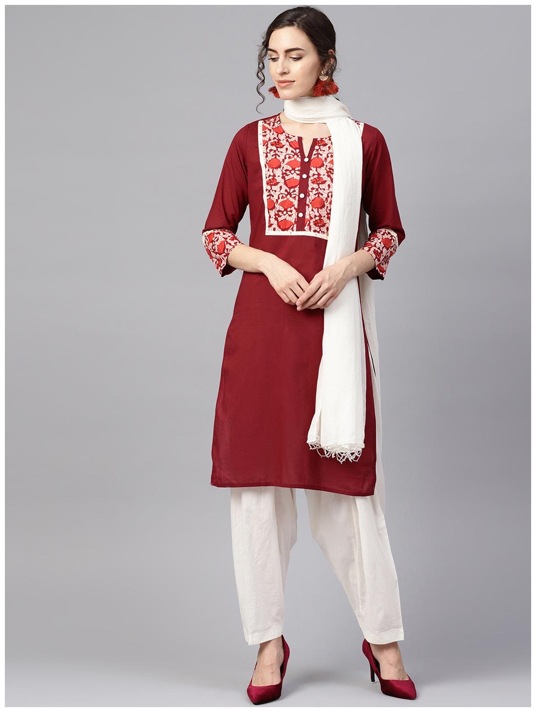 

Jaipur Kurti Women Maroon White Ethnic Motifs Straight Kurta With Palazzo And Dupatta