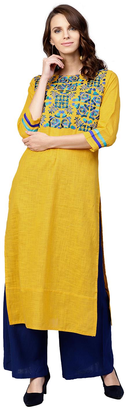 

Jaipur Kurti Women Yellow Embroidered Straight Kurta