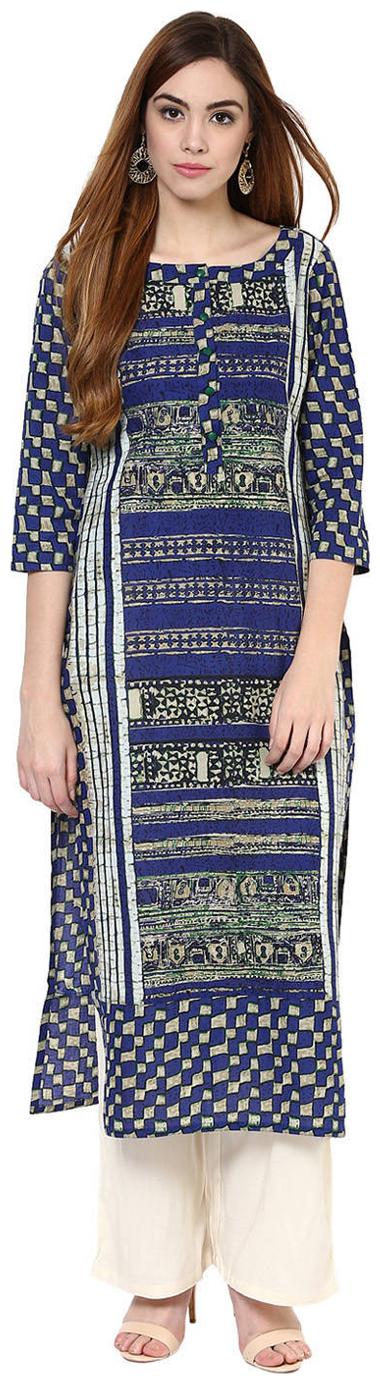 

Jaipur Kurti Cotton Complete Set Of Blue Kurta And Off White Rayon Palazzo