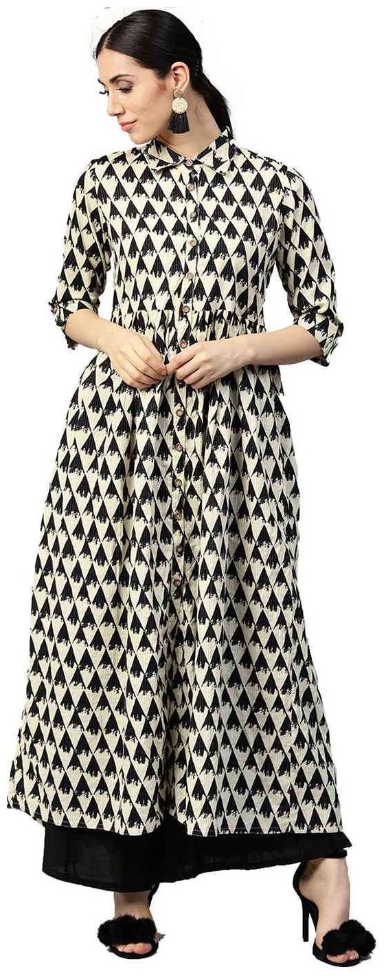 

Jaipur Kurti Women Off White Geometric A-Line Cotton Kantha Kurta