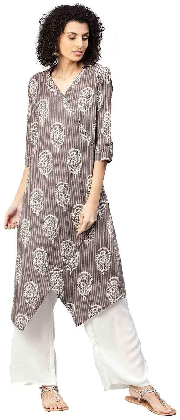

Jaipur Kurti Women Grey Off White Ethnic Motifs A-Line Cotton Kantha Kurta with Palazzo