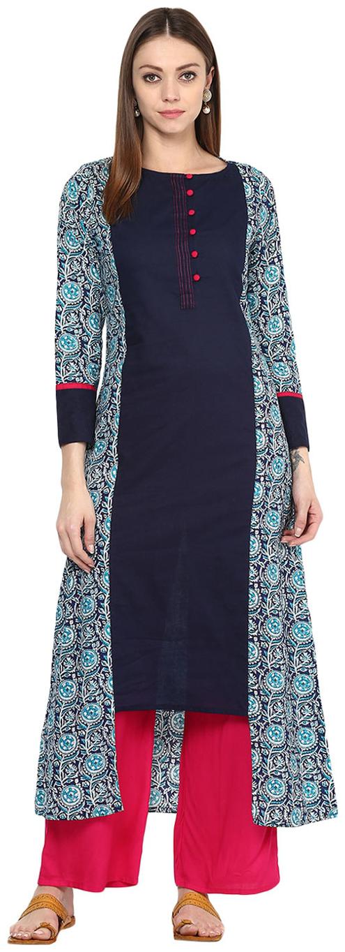 

Jaipur Kurti Printed Navy Blue Pink Colour Kurta Palazzo Set