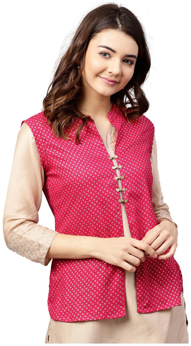 

Jaipur Kurti Women Pink Geometric Straight Rayon Shrug