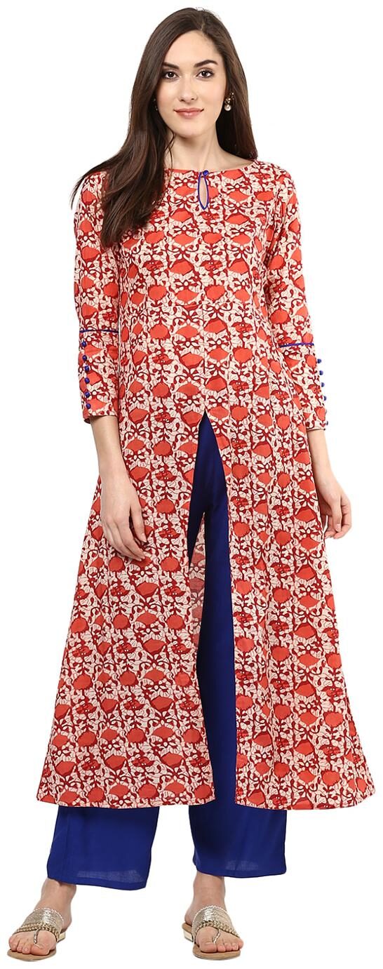 

Jaipur Kurti Coral Block Print Kurta With Blue Palazzo Set