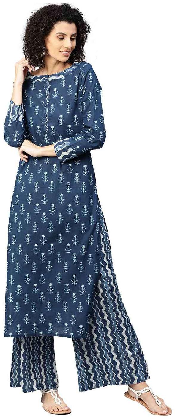 

Jaipur Kurti Women Blue Ethnic Motifs Straight Cotton Kurta with Palazzo