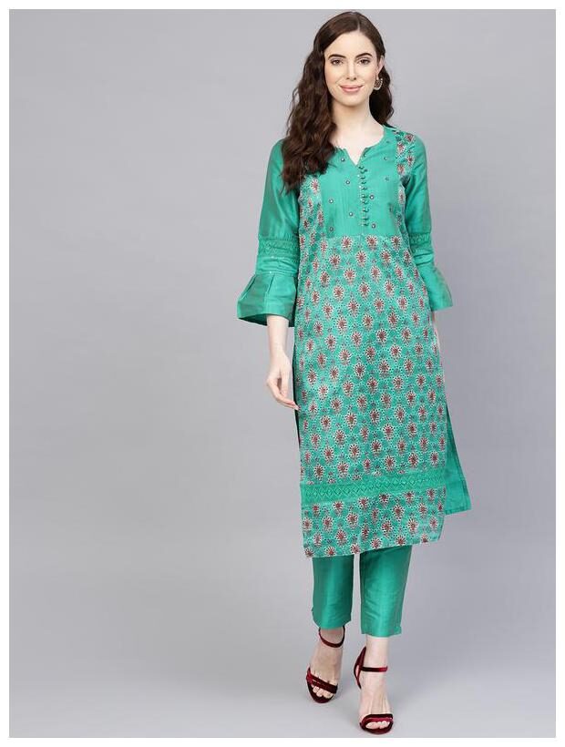 

Jaipur Kurti Women Green Ethnic Motifs Straight Kurta With Pants