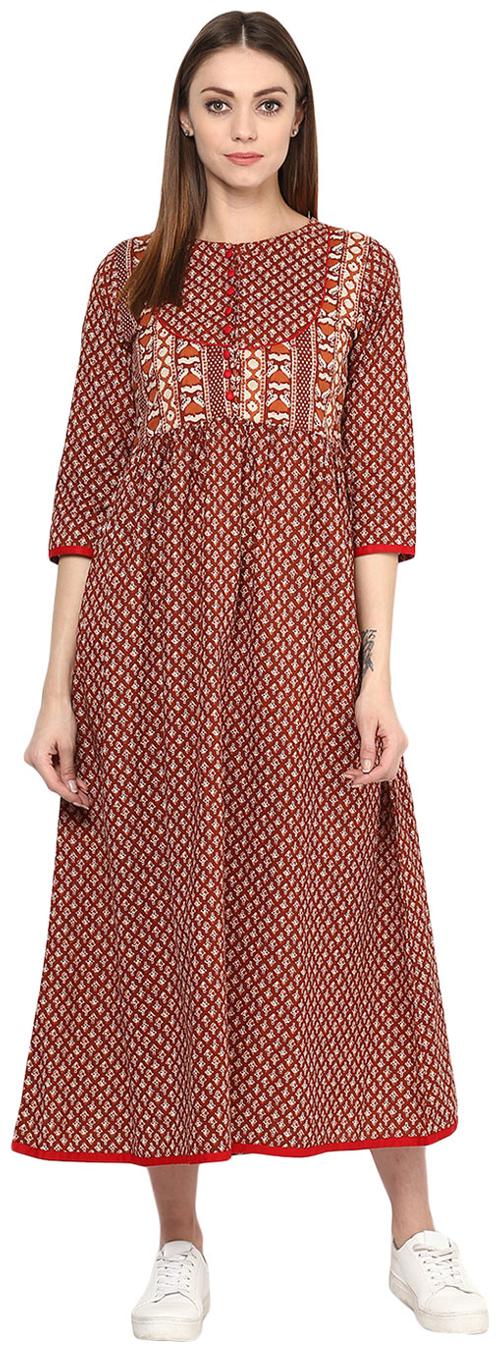 

Jaipur Kurti Women s Block Print Rust Colour Dress