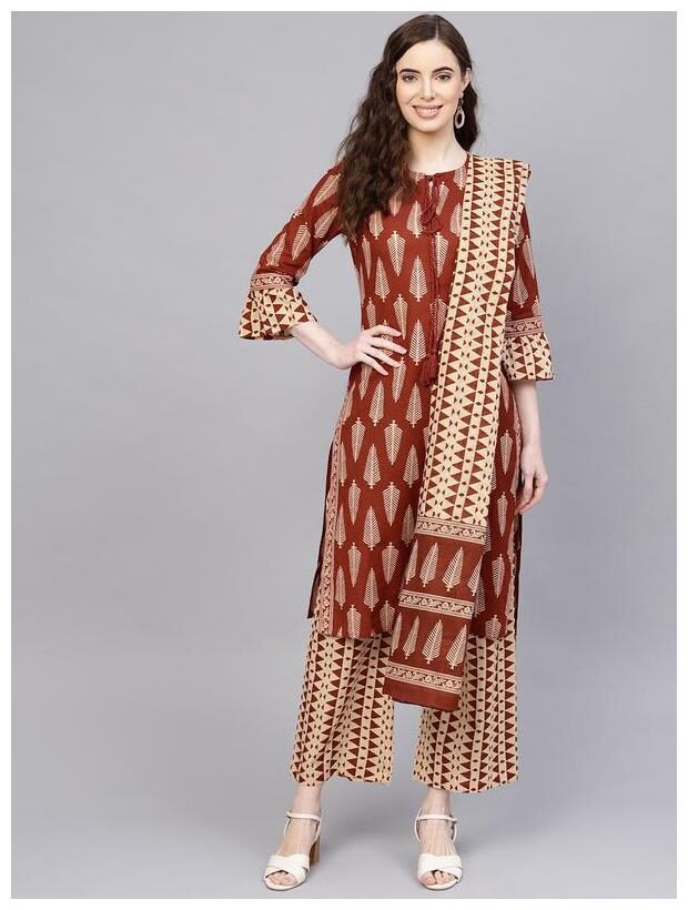 

Jaipur Kurti Women Red Printed Straight Kurta With Palazzo And Dupatta