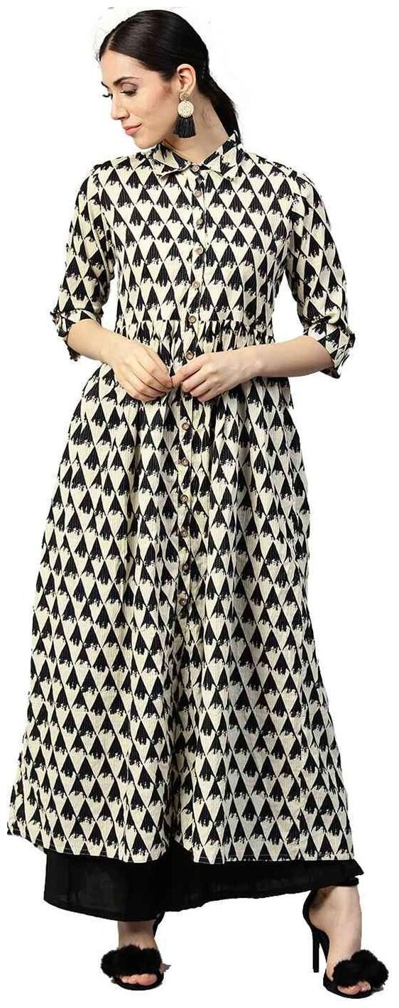 

Jaipur Kurti Women Off White Geometric A-Line Cotton Kantha Kurta