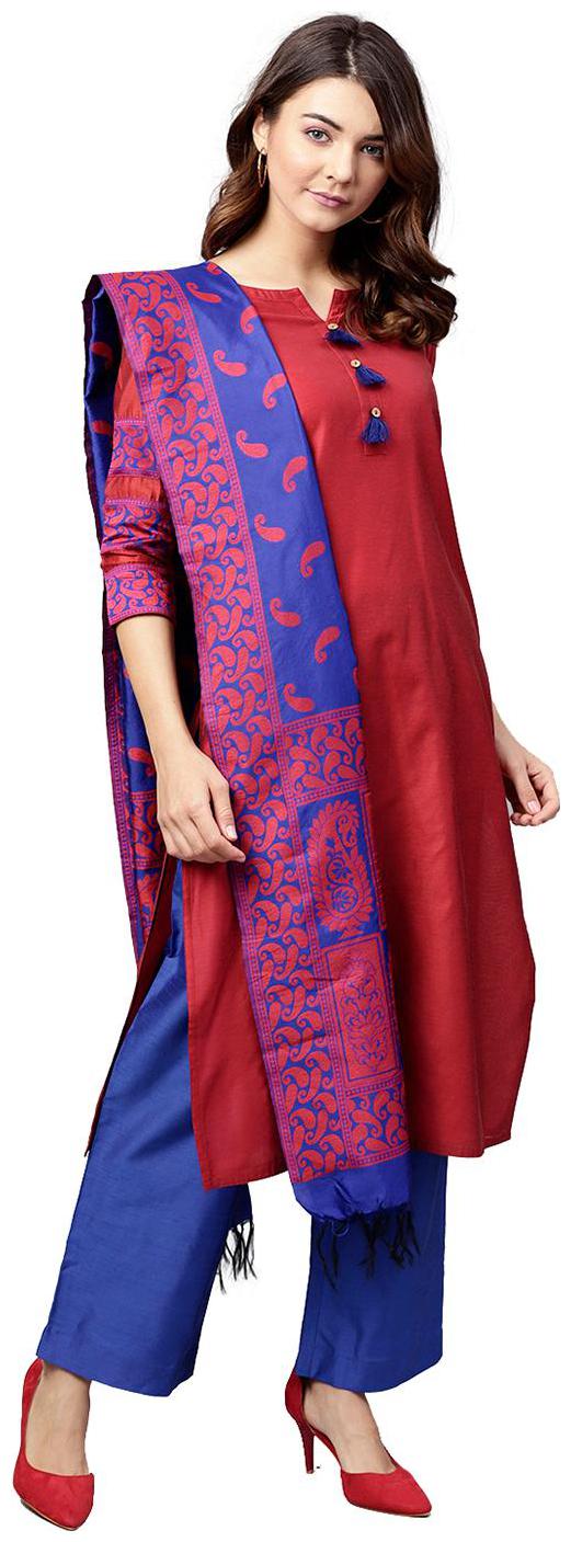 

Jaipur Kurti Women Red Solid Straight Kurta With Pants And Dupatta