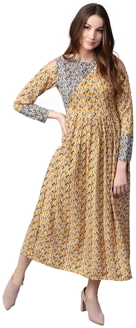 

Jaipur Kurti Women Mustard Yellow Printed Maxi Rayon Kurti Dress