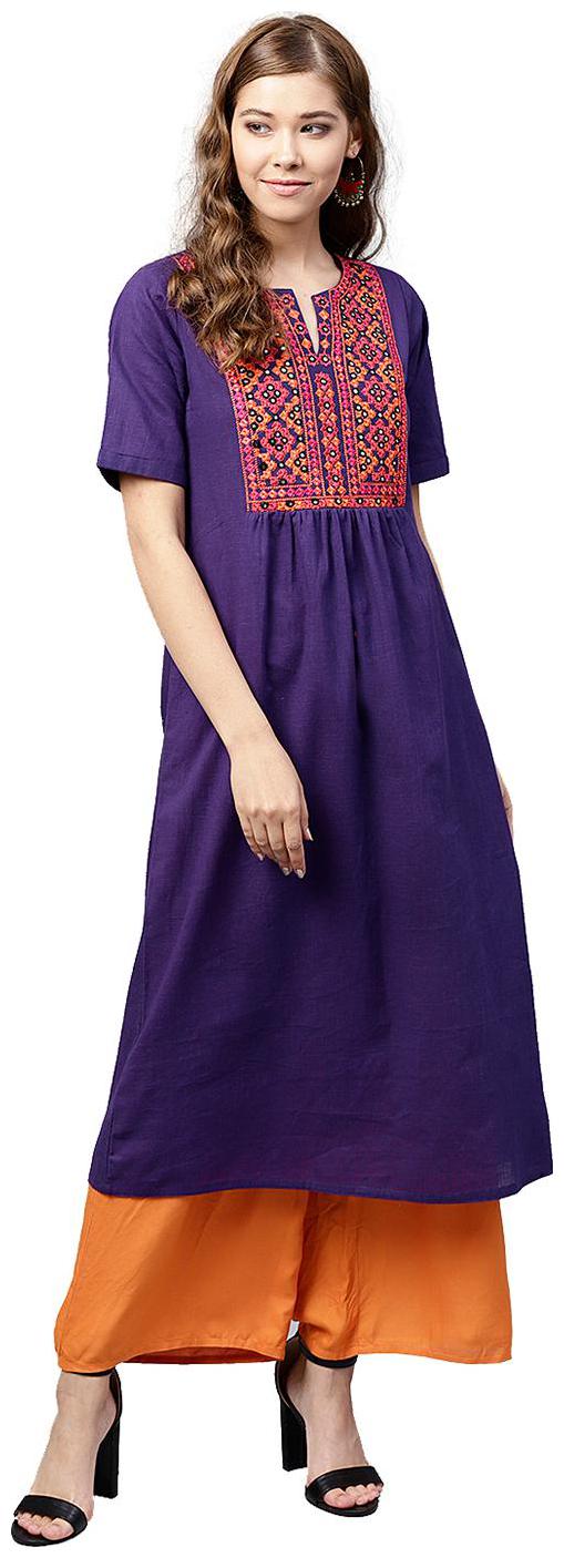 

Jaipur Kurti Women Purple Embroidered A-Line Cotton Slub Kurta