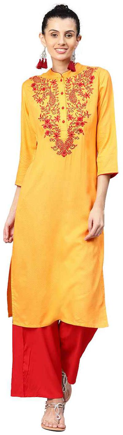 

Jaipur Kurti Women Orange Red Solid Straight Dobby Kurta with Palazzo