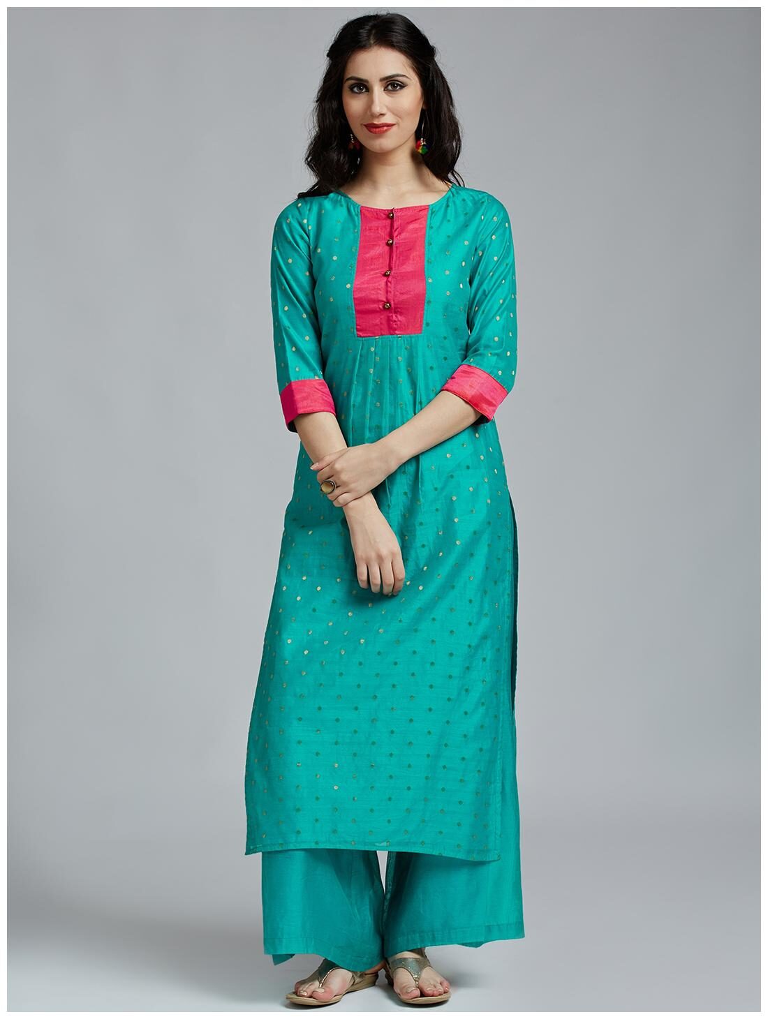 

Jaipur Kurti Women S Sea Gren Chanderi Kurta With Chanderi Palazzo