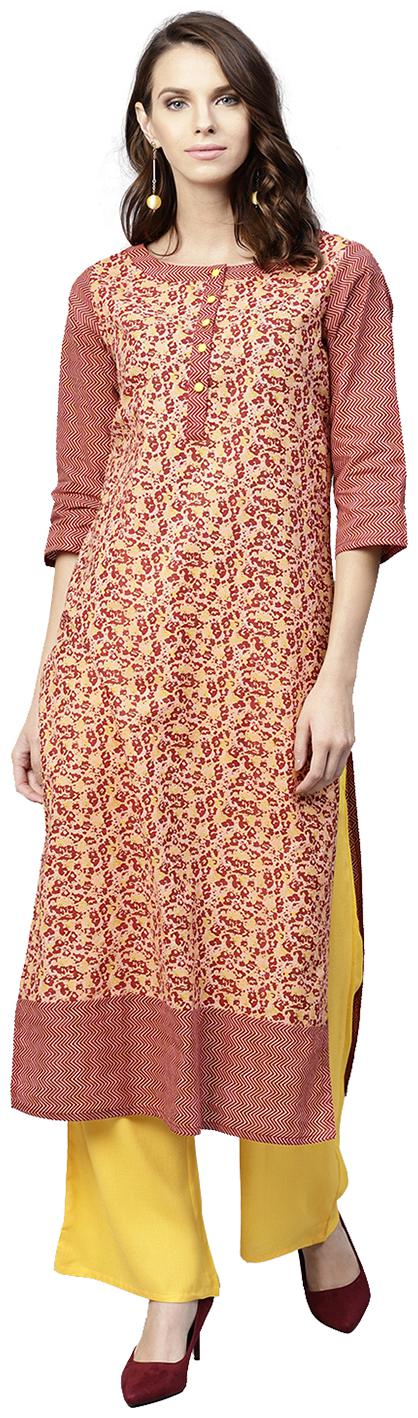 

Jaipur Kurti Cotton Red Kurta With Yellow Palazzo Set