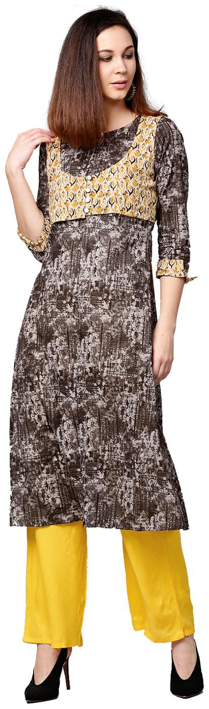 

Jaipur Kurti Women Brown Yellow Abstract A-Line Cotton Rayon Kurta Koti With Palazzo