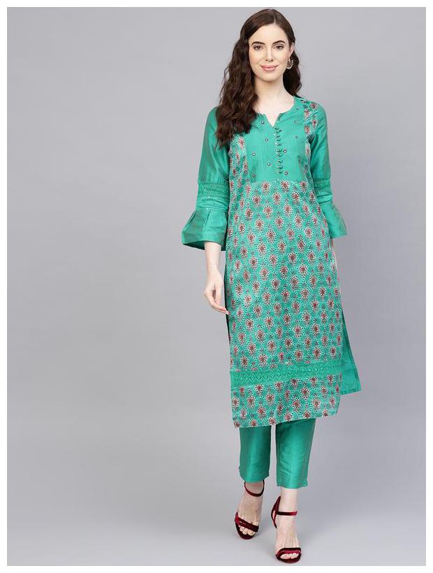 

Jaipur Kurti Women Green Ethnic Motifs Straight Kurta With Pants
