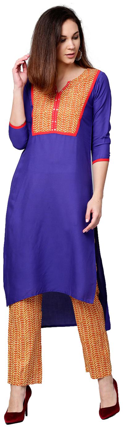 

Jaipur Kurti Women Blue Mustard Solid Straight Cotton Kurta With Palazzo