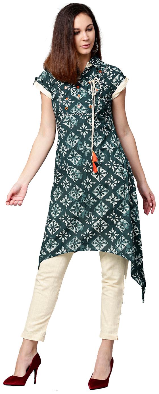 

Jaipur Kurti Women Green Printed High Slit Kurta With Pants