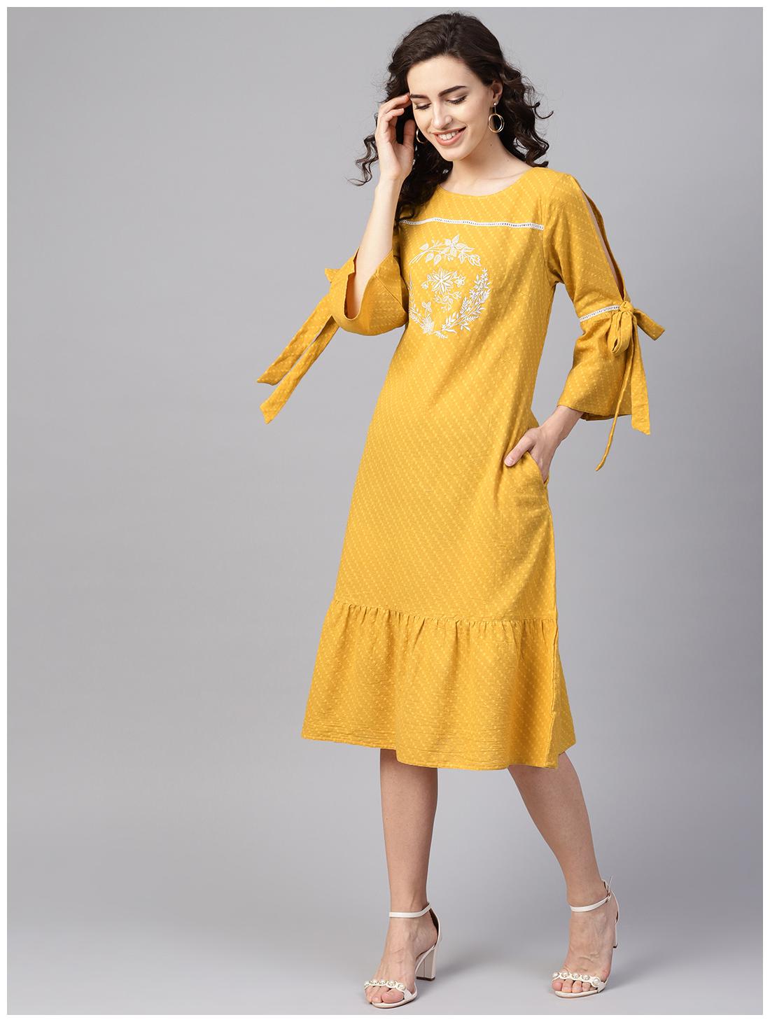

Jaipur Kurti Mustard Printed A-line dress
