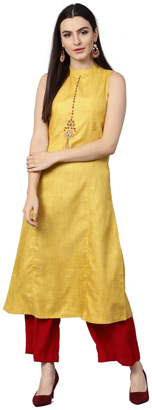 

Jaipur Kurti Women Yellow Solid A-Line Rayon Slub Kurta