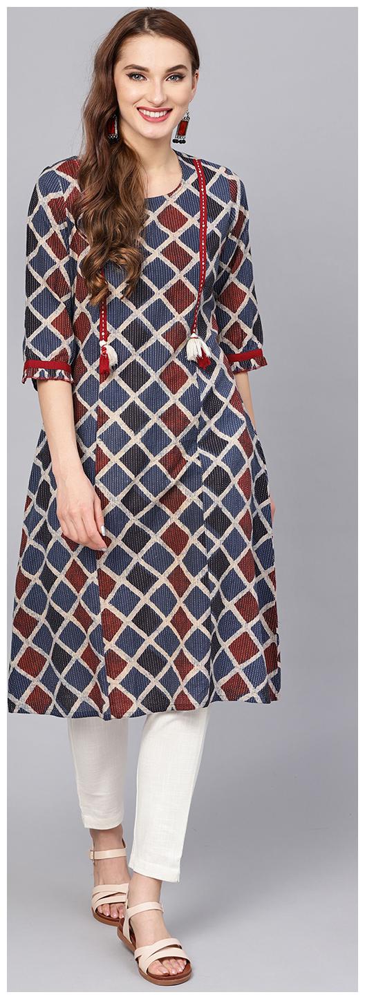 

Jaipur Kurti Women Multi Embroidered A-Line Cotton Kantha Kurta with Pant