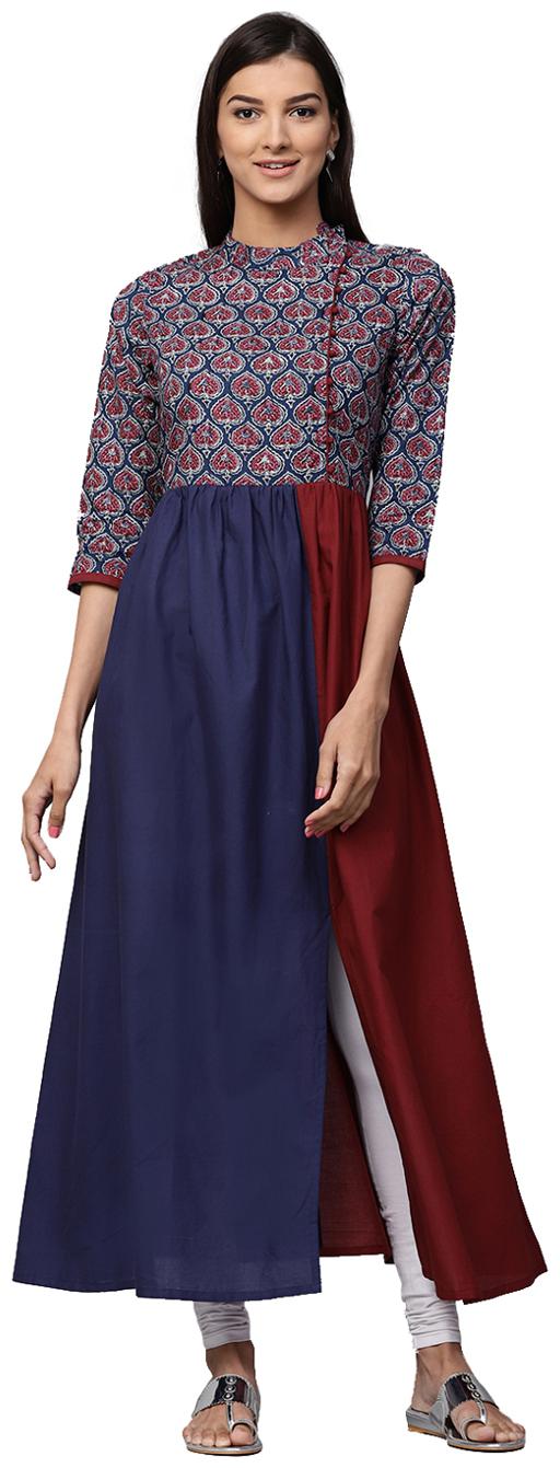 

Jaipur Kurti Women Navy Blue Maroon Printed A-Line Cotton Kurta