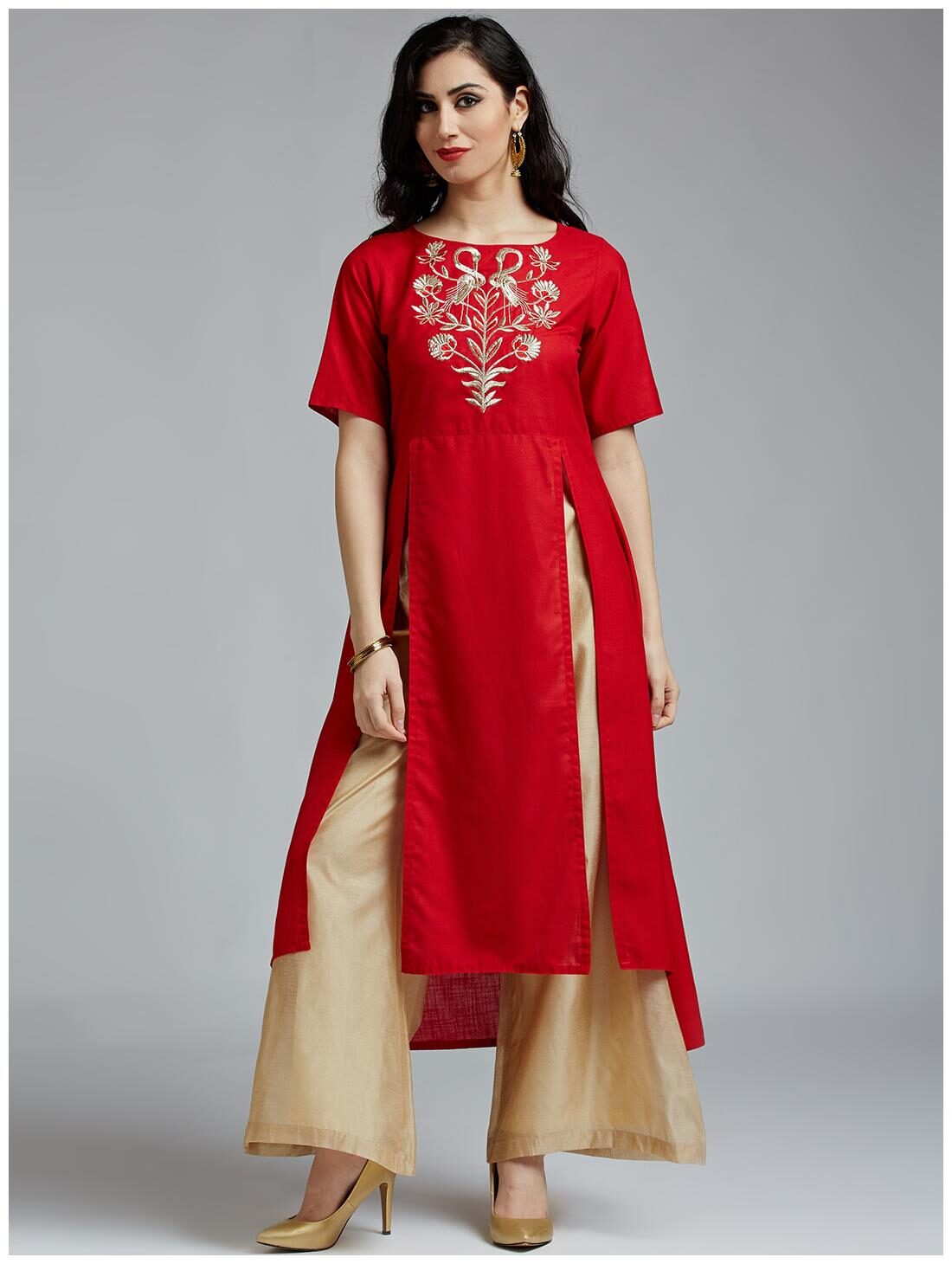 

Jaipur Kurti Women S Red Cotton Slub Kurta With Cream Chanderi Palazzo