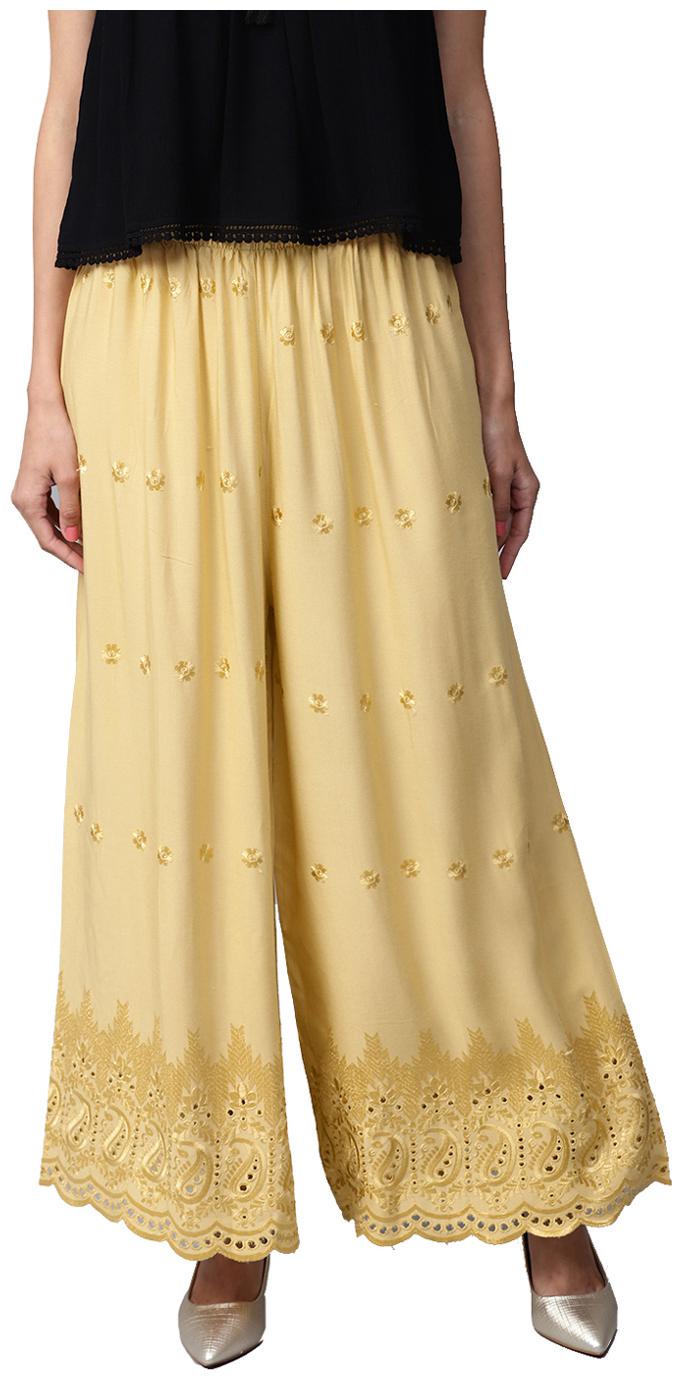 

Jaipur Kurti Women Beige Schiffly Embroidery Wide Leg Rayon Palazzos