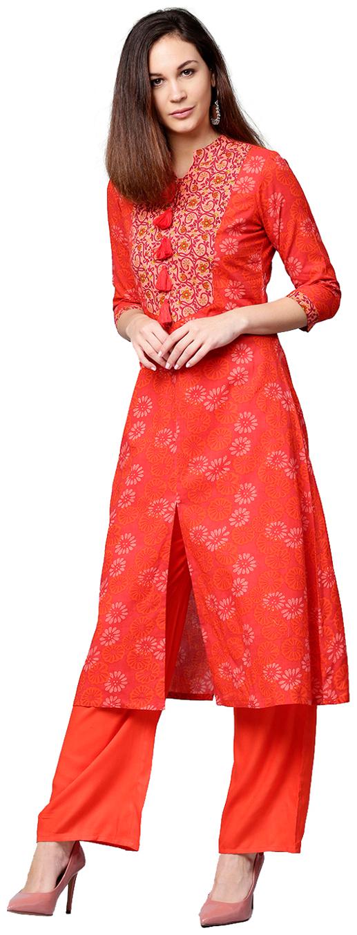 

Jaipur Kurti Women Red Printed Straight Kurta With Pants