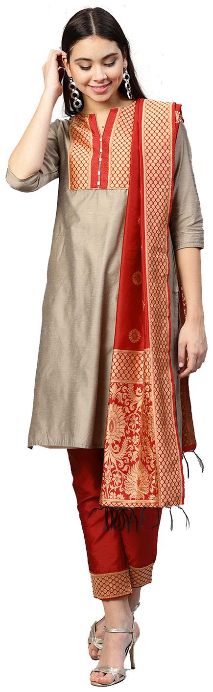 

Jaipur Kurti Women Beige Solid Straight Kurta With Pants And Dupatta
