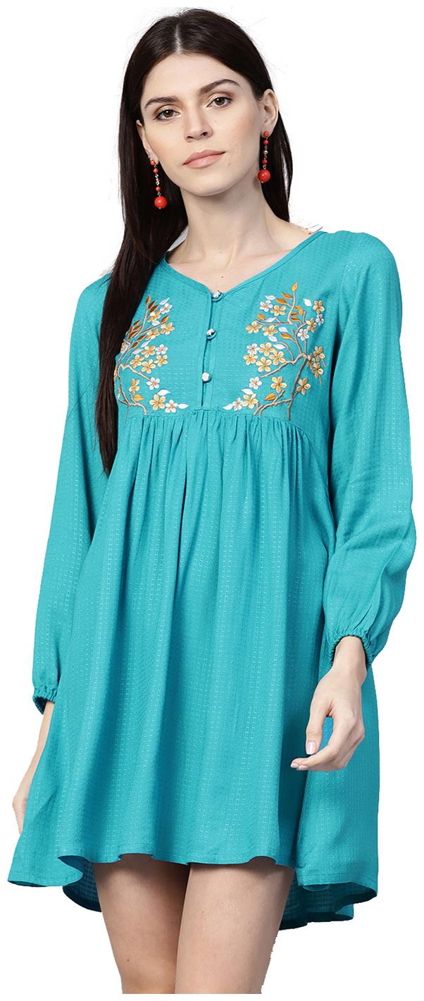 

Jaipur Kurti Women Turquoise Blue Solid A-Line Dobby Kurti Dress