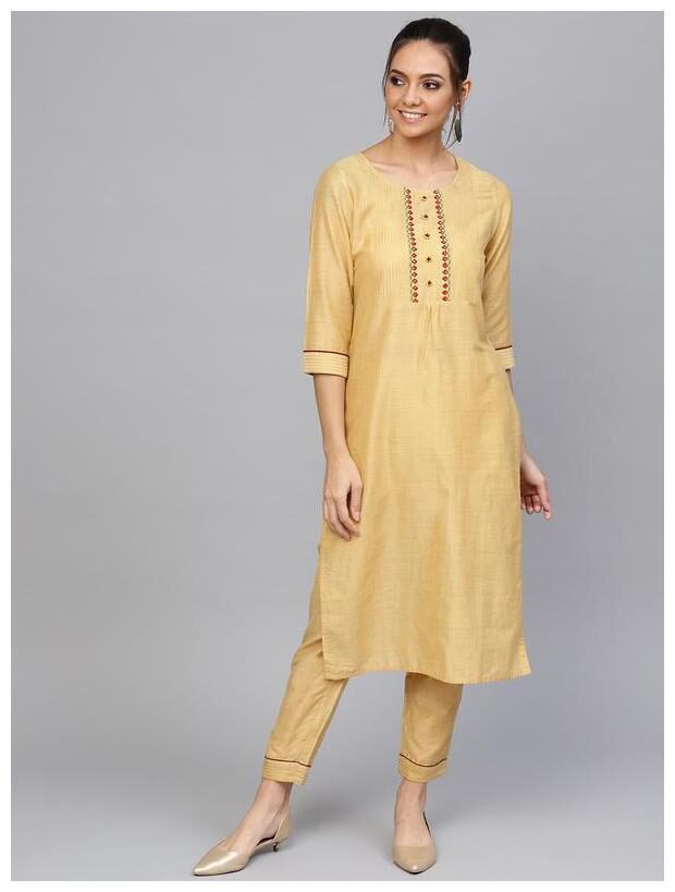 

Jaipur Kurti Women Cotton Solid Kurta With Pants - Beige