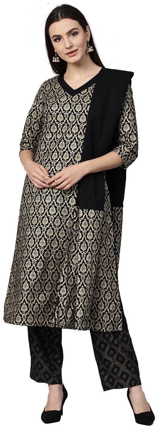 Jaipur Kurti Women Black Ethnic Motifs A-Line Cotton Kurta With Palazzo Dupatta