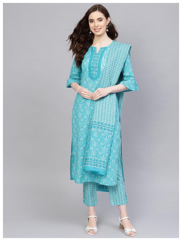 

Jaipur Kurti Women Turquoise Floral Straight Kurta With Palazzo And Dupatta