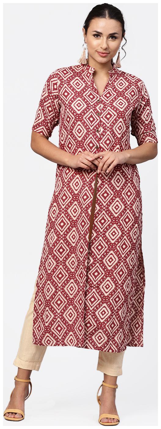 

Jaipur Kurti Cotton Half Sleeves Stitched Suits Maroon Cream