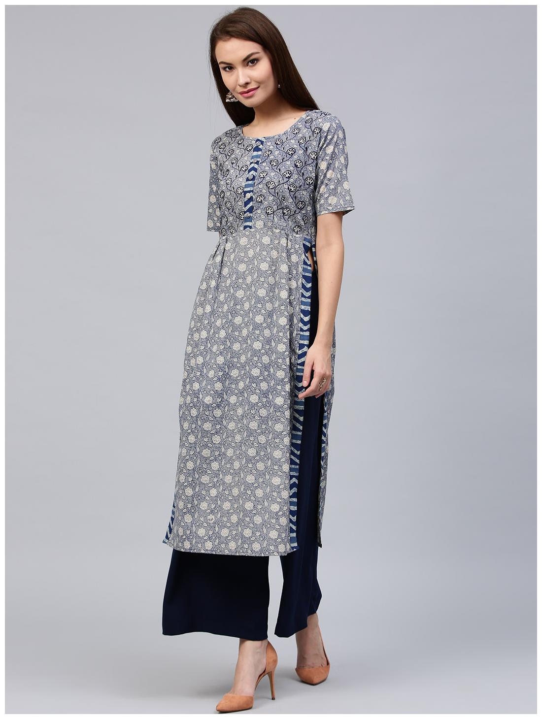 

Jaipur Kurti Women Blue Floral Straight Kurta