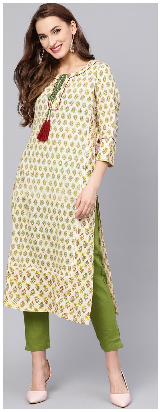 

Jaipur Kurti Women Off White Green Ethnic Motifs Straight Cotton Slub Kurta with Pant