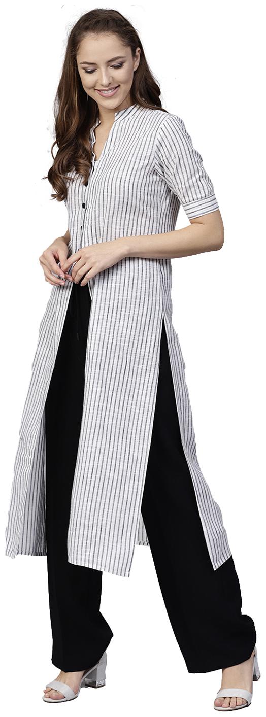 

Jaipur Kurti Women Black Striped High Slit Kurta
