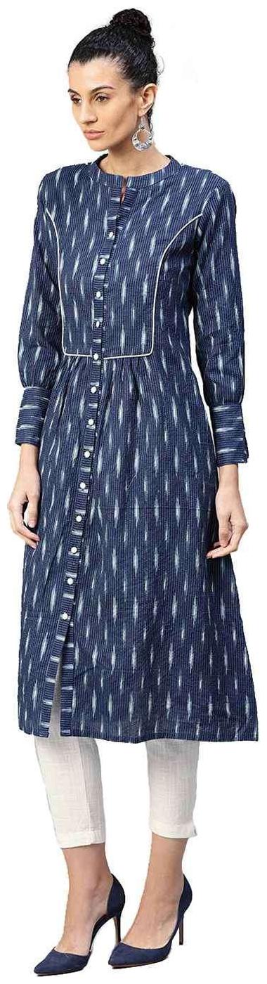 

Jaipur Kurti Women Blue White Ethnic Motifs A-Line Cotton Kantha Kurta with Pant