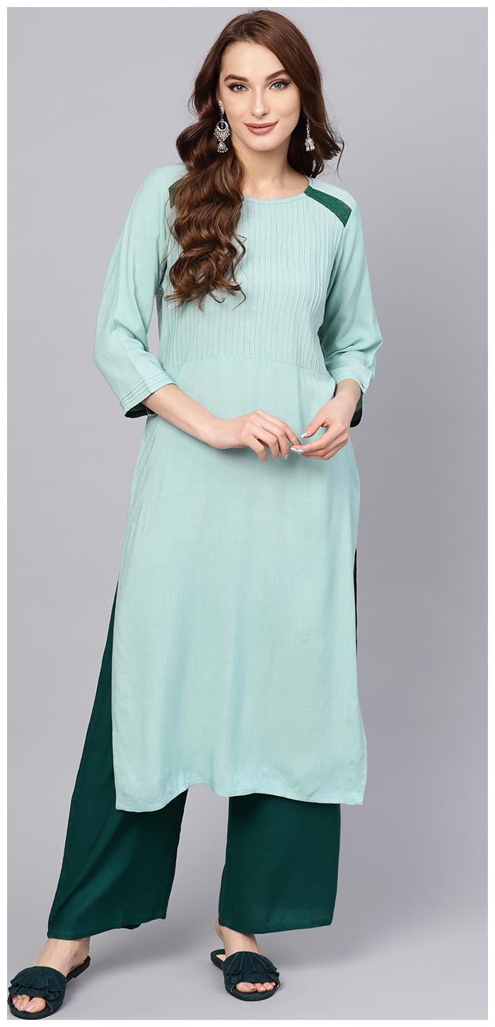 

Jaipur Kurti Women Green Turquoise Solid Straight Kurta With Palazzo
