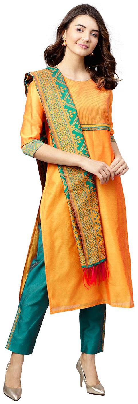

Jaipur Kurti Women Yellow Solid Straight Kurta With Pants And Dupatta