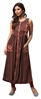 

Jaipur Kurti Women Brown Solid Gathered Or Pleated A-Line Rayon Cotton Kurta