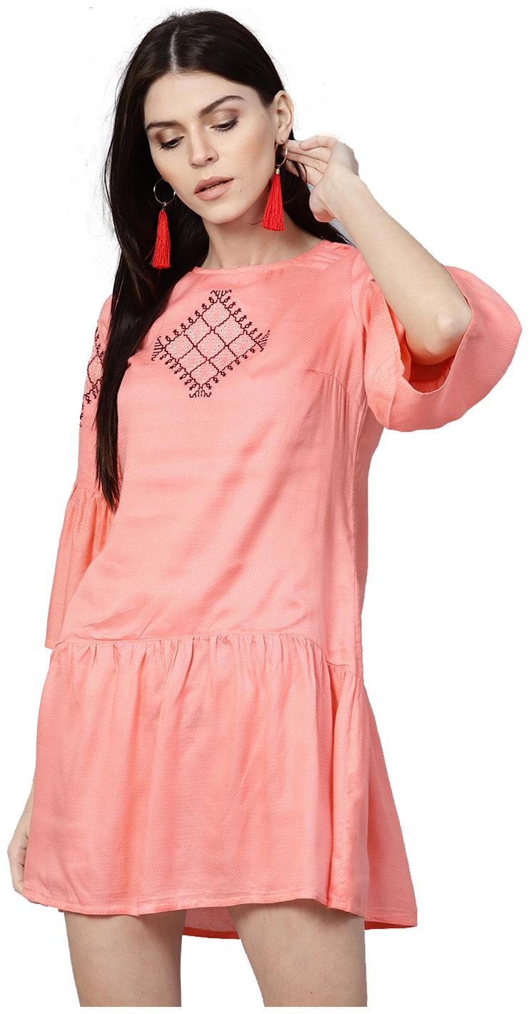 

Jaipur Kurti Women Coral Solid A-Line Dobby Kurti Dress
