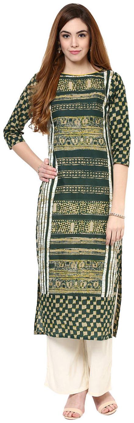 

Jaipur Kurti Cotton Complete Set Of Green Kurta And Off White Rayon Palazzo